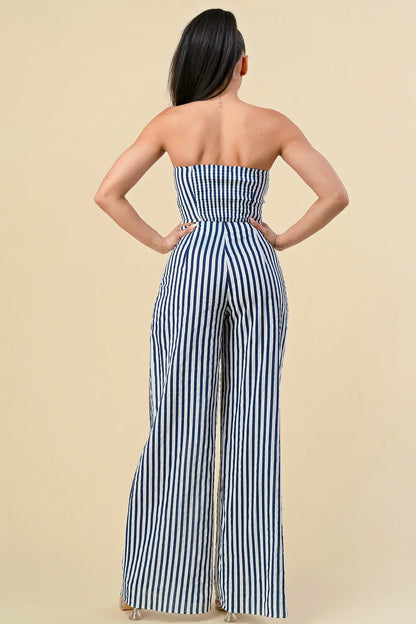 STRIPED HALTER NECK CUTOUT PANTS SET