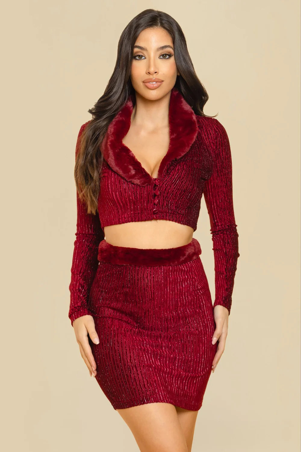 FUZZY TRIM CROP TOP AND SKIRT SET