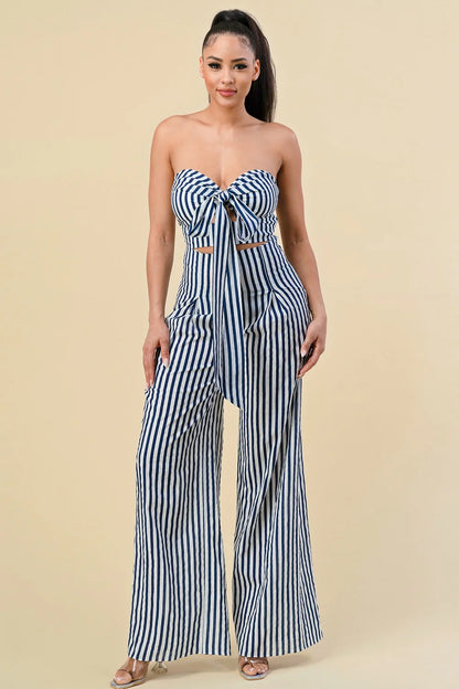 STRIPED HALTER NECK CUTOUT PANTS SET