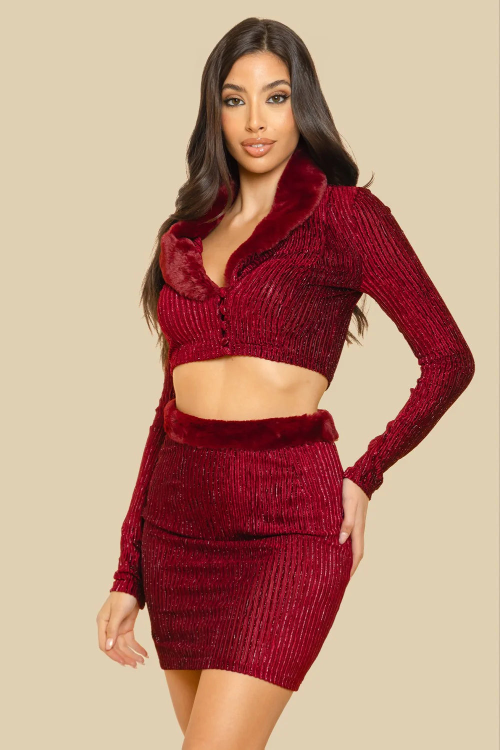 FUZZY TRIM CROP TOP AND SKIRT SET