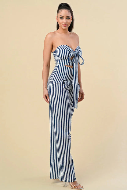 STRIPED HALTER NECK CUTOUT PANTS SET