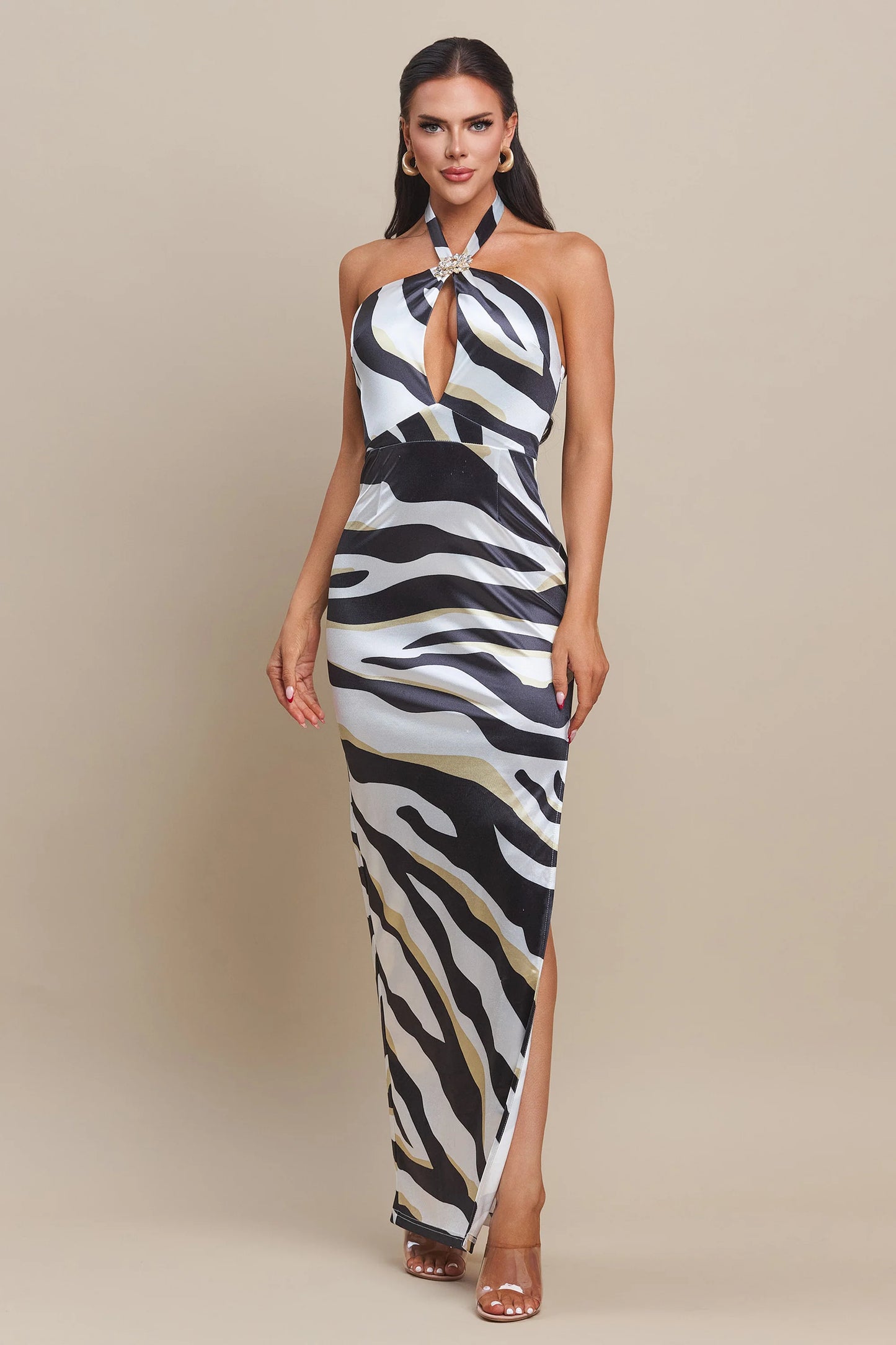 ZEBRA HALTER NECK DRESS