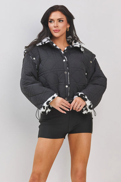 QUILTED REVERSIBLE FAUX FUR JACKET AND DETACHABLE SLEEVE