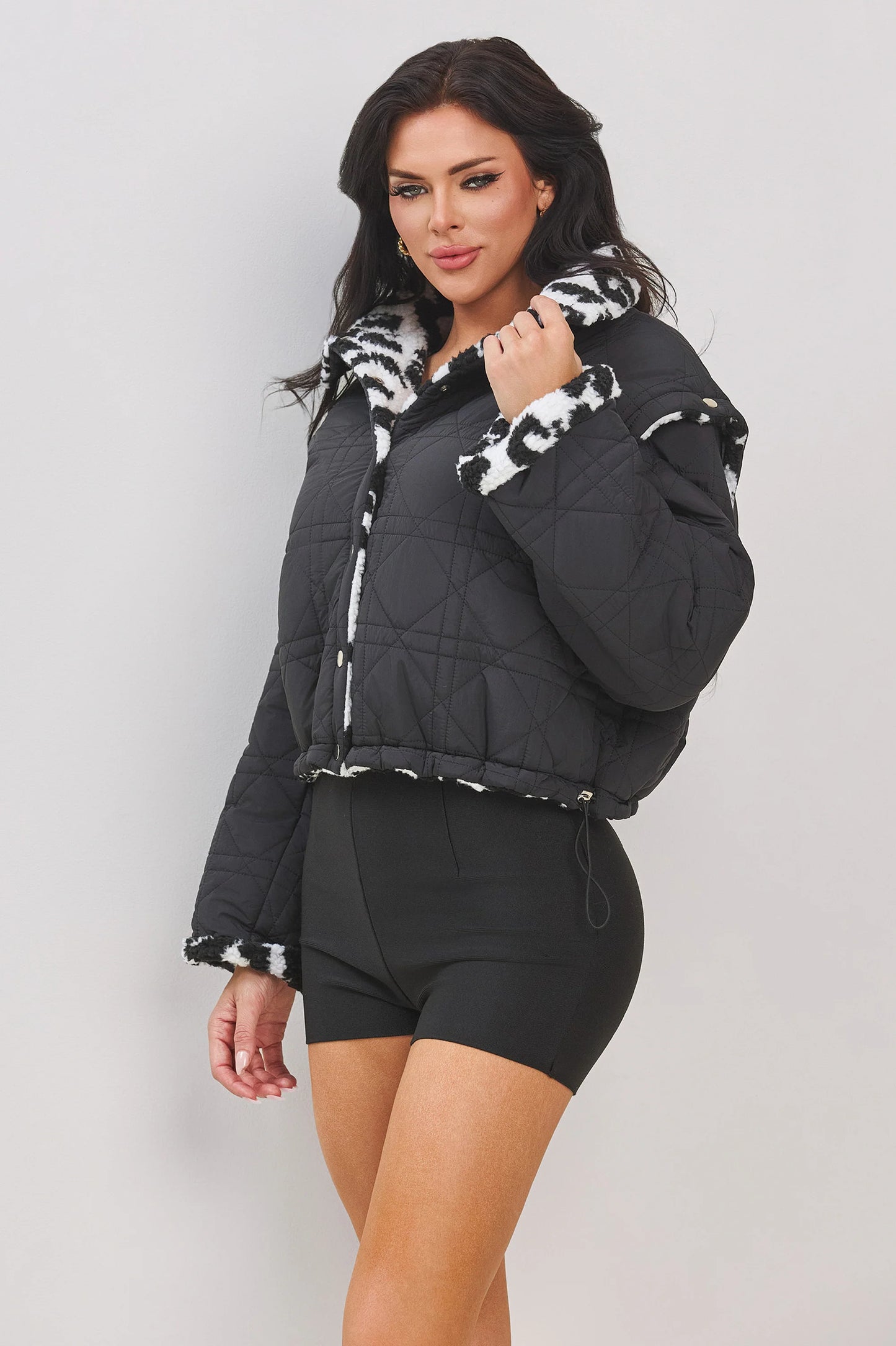 QUILTED REVERSIBLE FAUX FUR JACKET AND DETACHABLE SLEEVE