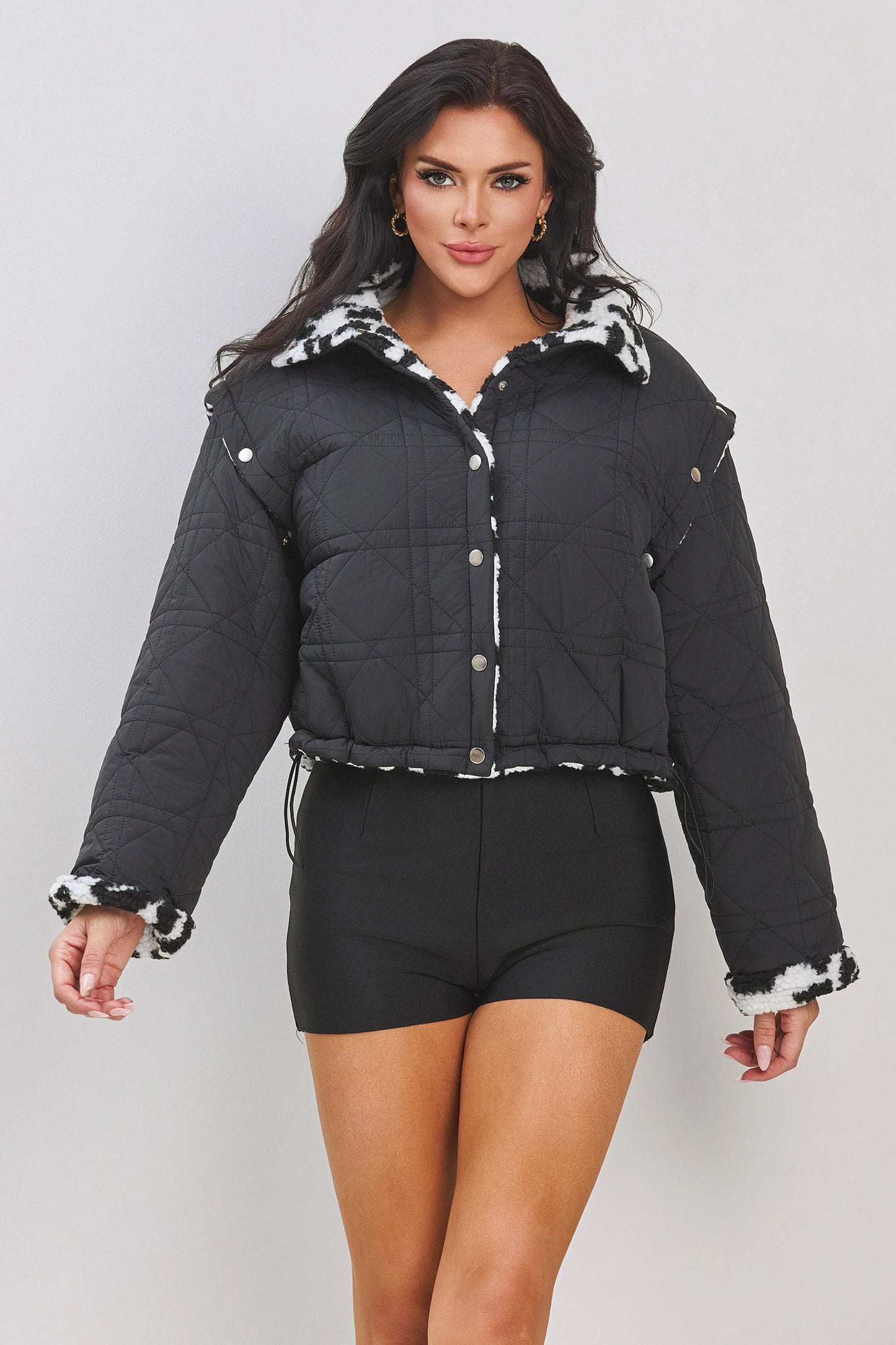 QUILTED REVERSIBLE FAUX FUR JACKET AND DETACHABLE SLEEVE