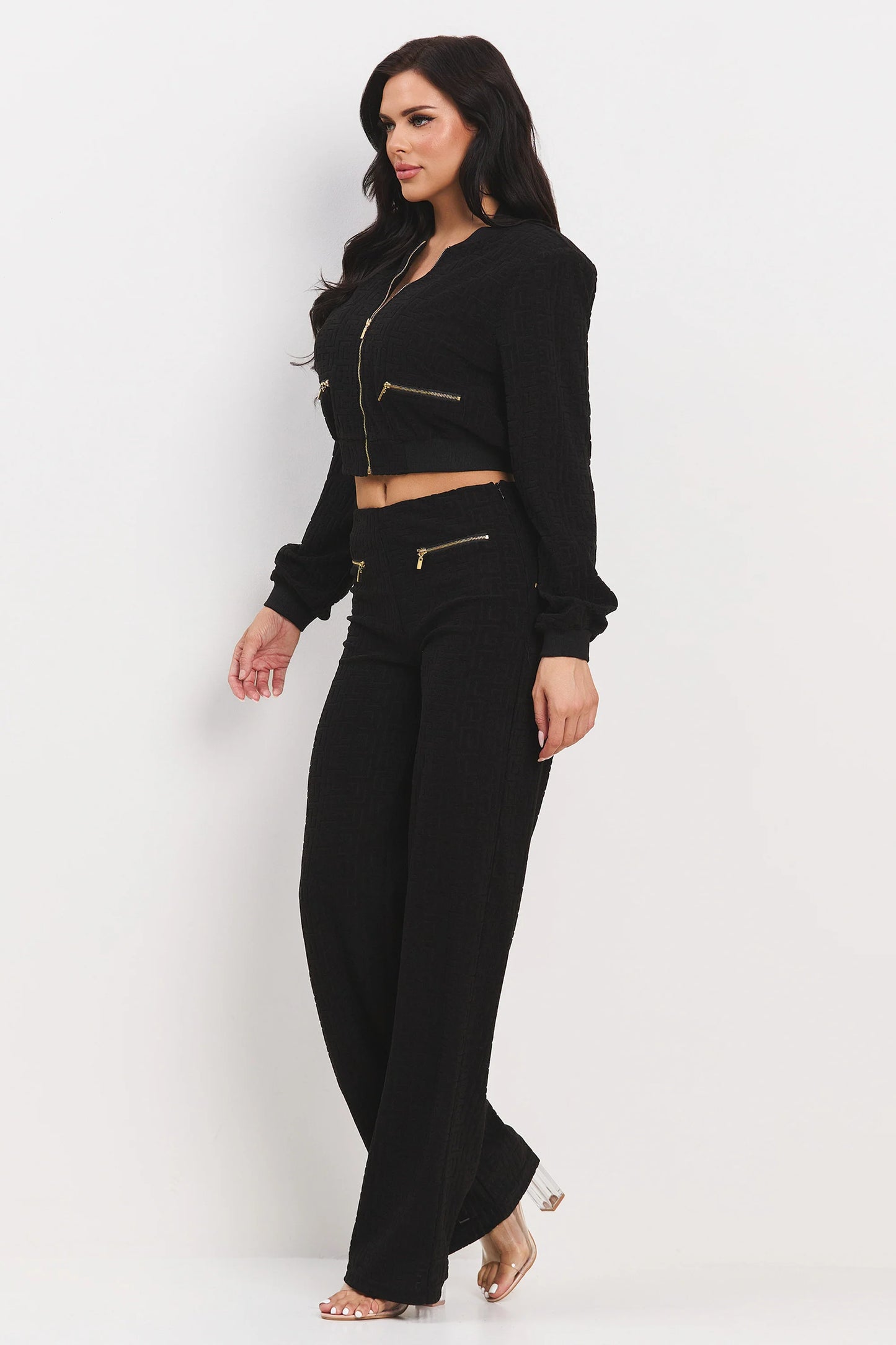 ZIP UP PATTERNED JACKET AND PANTS SET