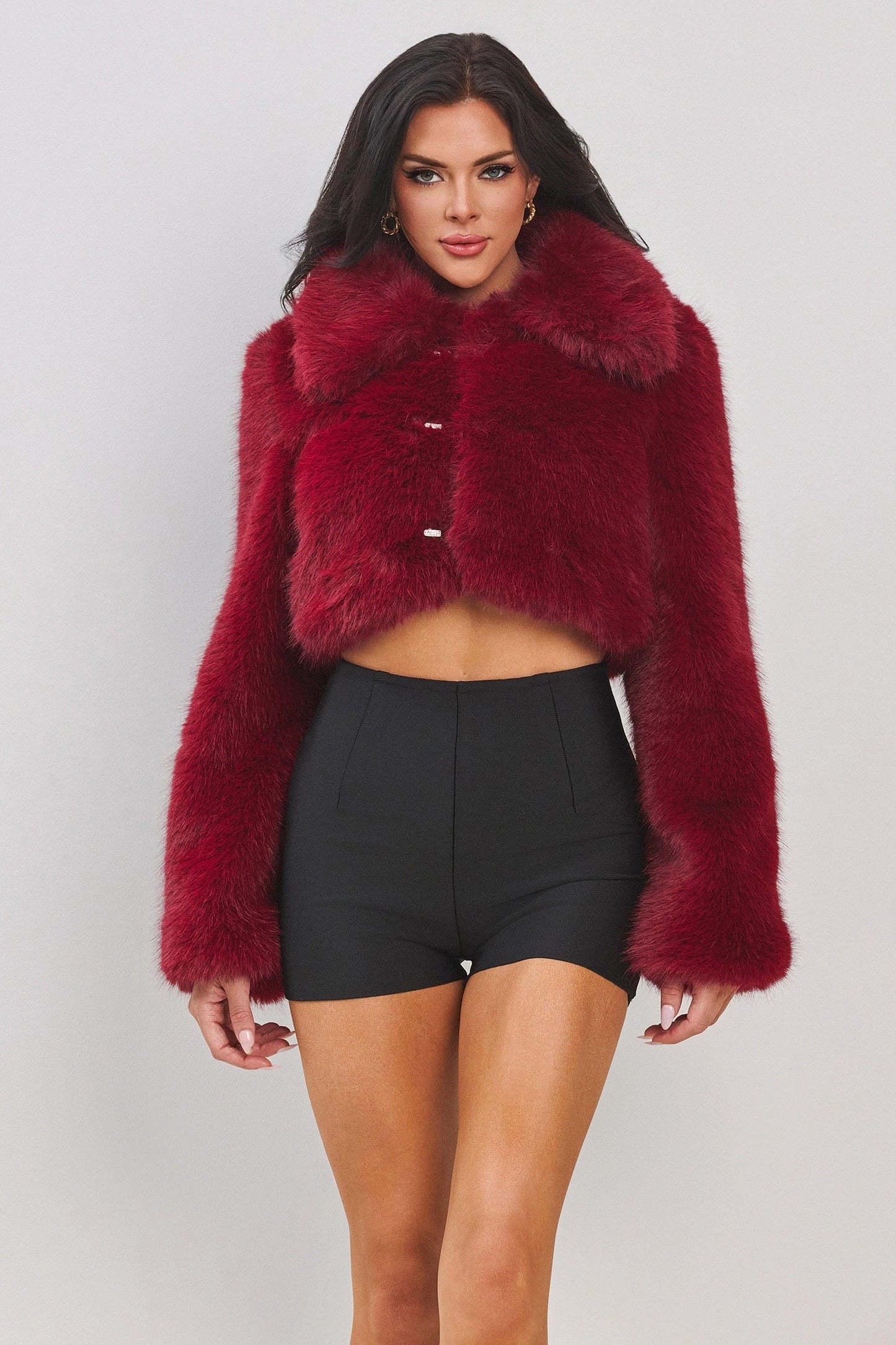 LONG SLV CROP FAUX FUR JACKET