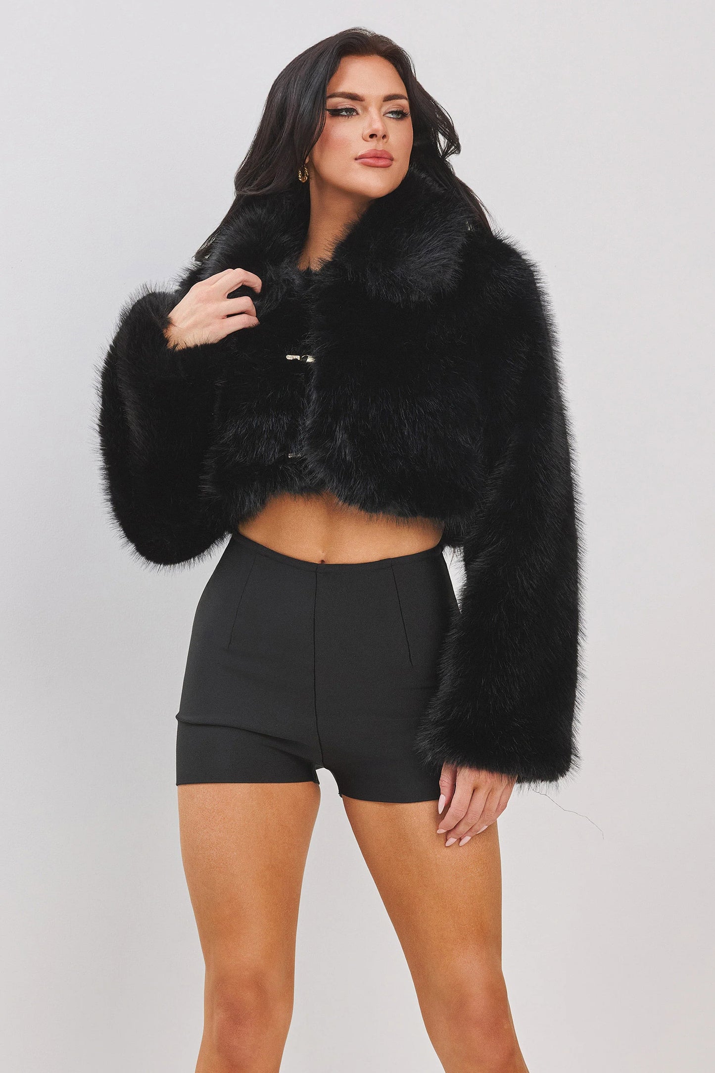 LONG SLV CROP FAUX FUR JACKET