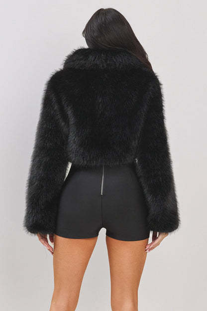 LONG SLV CROP FAUX FUR JACKET