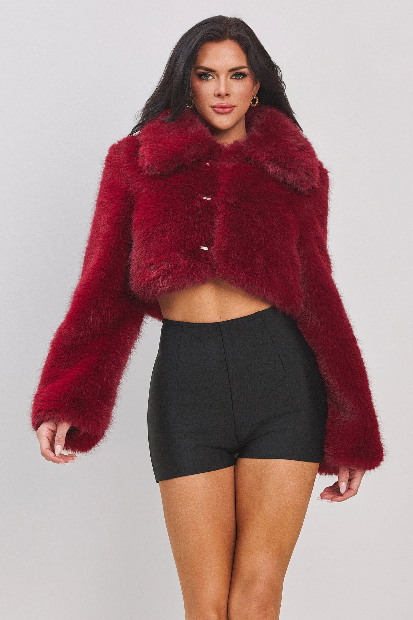 LONG SLV CROP FAUX FUR JACKET