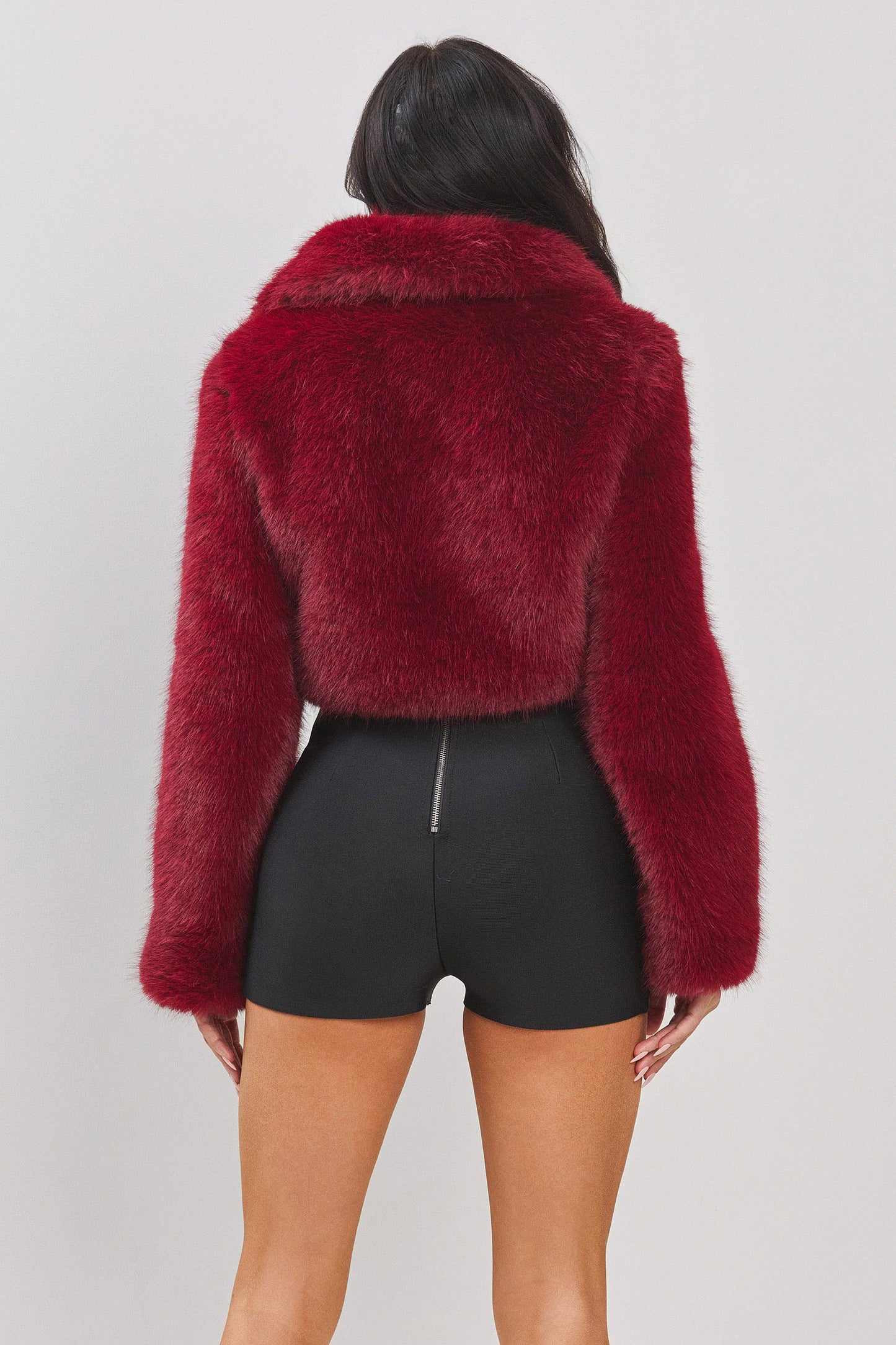 LONG SLV CROP FAUX FUR JACKET