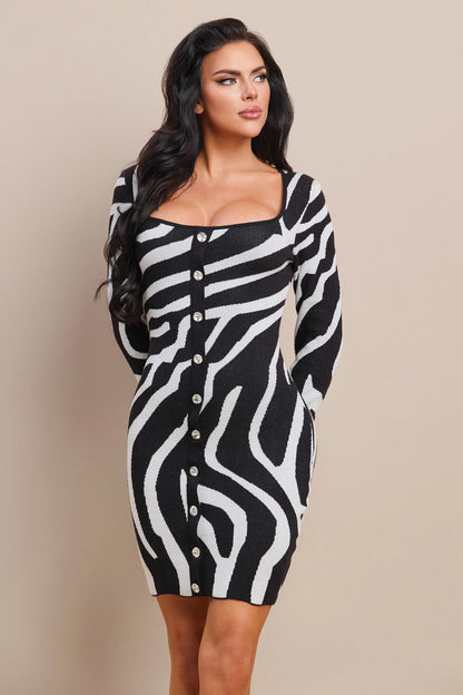 SQUARE NECK HOTFIX ZEBRA PATTERN DRESS