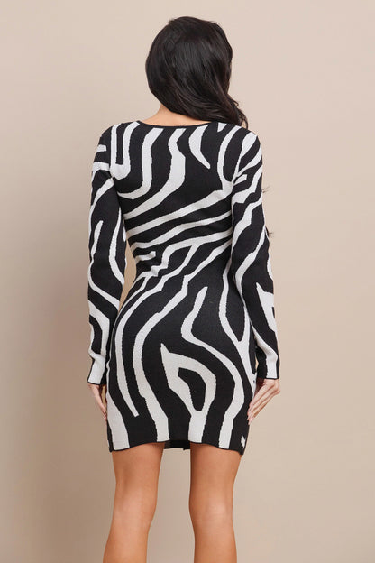 SQUARE NECK HOTFIX ZEBRA PATTERN DRESS