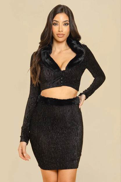 FUZZY TRIM CROP TOP AND SKIRT SET