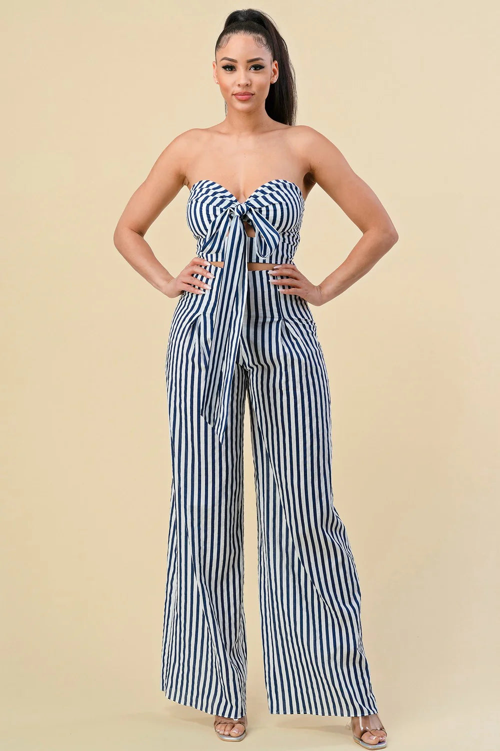 STRIPED HALTER NECK CUTOUT PANTS SET