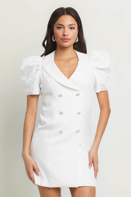 SHORT PUFF SLEEVE DOUBLE BREASTED DRESS